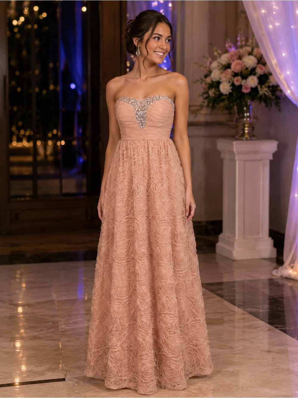 Trixxi Apricot Pink Strapless Rosette Jeweled Prom Formal Dress Size 15